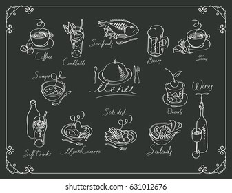 vector menu with sketches different dishes and handwriting inscriptions on black background. Drawing chalk on a wooden board