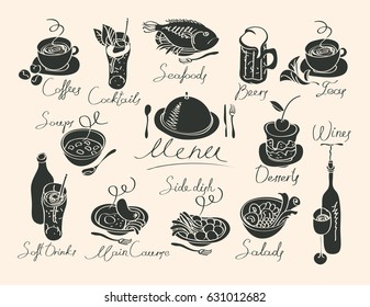 vector menu with sketches different dishes and handwriting inscriptions