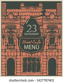 Vector menu for a street cafe or restaurant with a hand-drawn facade of an old building in retro style on a black background.