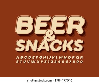 Vector menu template Beer & Snacks. 3D Brown Font. Set of Modern Alphabet Letters and Numbers