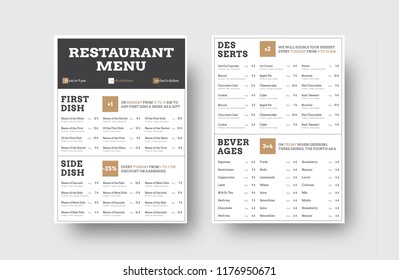 vector menu template for cafes or restaurants with division into blocks for information. Design with black lines and square elements.
