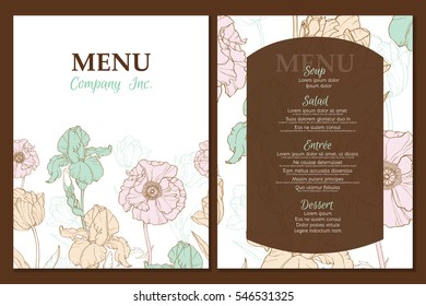 Vector menu template design with vintage floral elements tulip, poppy, daffodil. Great for restaurant, cafe, bar, wedding.