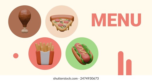 Vector menu template with fast food icons buttons. 3D images