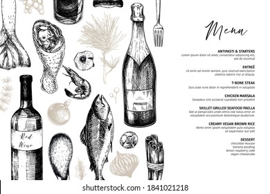 Plantilla de menú Vector. Decoración navideña detallada a mano, vino, mariscos, carne, frutas y verduras. Diseño moderno y de moda. Uso para menú de vacaciones, restaurante, promoción de tiendas, merchandising de marca