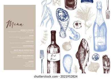 Plantilla de menú Vector. Decoración navideña detallada a mano, vino, mariscos, carne, frutas y verduras. Diseño moderno y de moda. Uso para menú de vacaciones, restaurante, promoción de tiendas, merchandising de marca