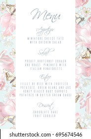 Vector menu template with pink tulip flowers and butterflies on white background. Romantic floral design for wedding ceremony, bridal brunch, engagement, dessert menu. Can be used as greeting card