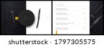 Vector menu template for restaurant and cafe. Menu cover design in black and white with fork and plate knife background. Modern restaurant fucking booklet brochure design