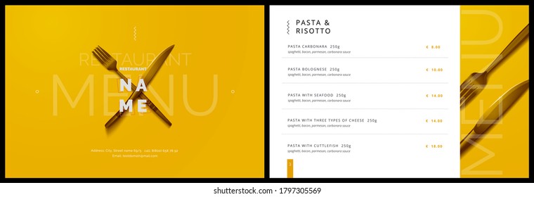 Vector menu template for restaurant and cafe. Menu cover design in black and yellow with fork and plate knife background. Modern restaurant fucking booklet brochure design