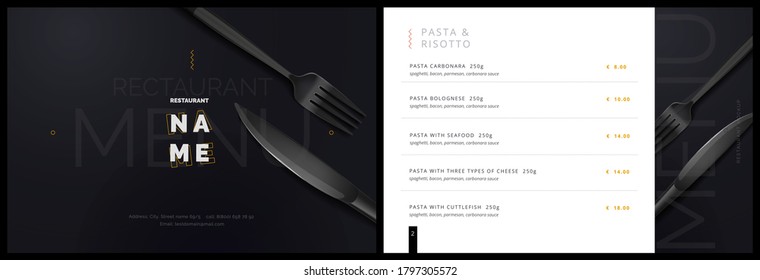 Vector menu template for restaurant and cafe. Menu cover design in black and white with fork and plate knife background. Modern restaurant fucking booklet brochure design