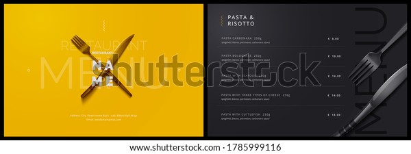 Vector menu template for\
restaurant and cafe. Menu cover design in black and yellow with\
fork and plate knife background. Modern restaurant fucking booklet\
brochure design