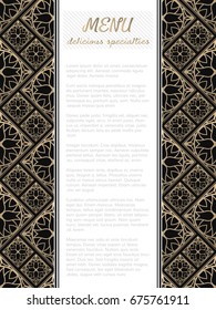 Vector menu template. Restaurant floral layout. Creative card with abstract flowers and space for text. Black and golden design