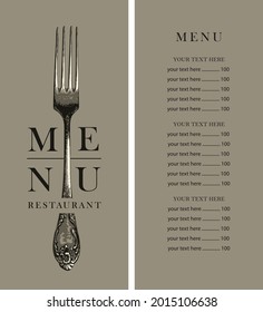Vector menu template for a restaurant with a price list, decorated with a beautiful vintage fork on a beige background in retro style.