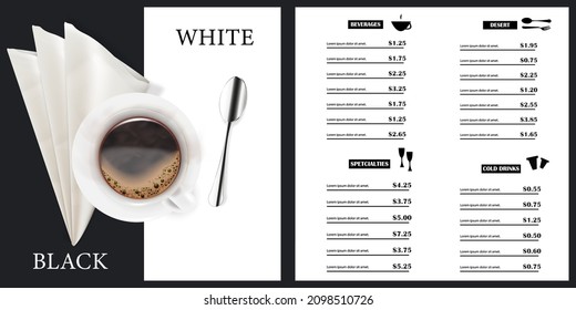 Plantilla de menú vectorial para restaurantes y cafés. Diseño de la cubierta del menú en blanco y negro con el fondo de una taza de café caliente y una cuchara. Diseño del folleto de un restaurante moderno