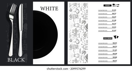 Vector menu template for restaurants and cafes. Menu cover design in black and white. Design of the brochure of a modern restaurant