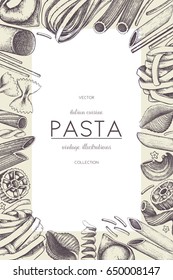 Vector menu template with traditional Italian pasta. Hand drawn food sketch.  Vintage card or invitation design for cafe or restaurant design