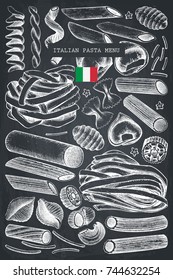 Vector menu template with traditional Italian pasta. Hand drawn food sketch.  Vintage card or invitation design for cafe or restaurant design. Outlines on chalkboard.