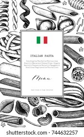 Vector menu template with traditional Italian pasta. Hand drawn food sketch.  Vintage card or invitation design for cafe or restaurant design. Outlines on white background.