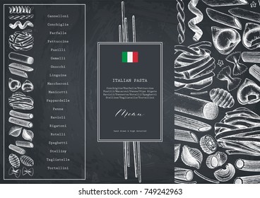 Vector menu template with traditional Italian pasta. Hand drawn food sketch.  Vintage card or invitation design for cafe or restaurant design. Outlines on chalkboard