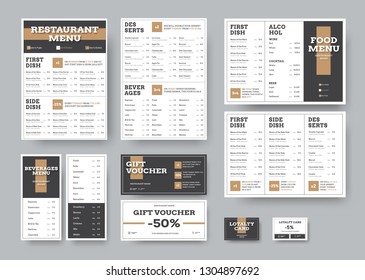 Vector menu templates for cafes and restaurants in white with black blocks. Design with brown elements. A set of corporate style