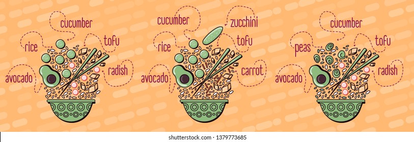 Vector menu of vegetarian poke bowl on wooden background. Illustrations of a lunch of Hawaiian cuisine with lettering. Tofu, cucumber, radish, avocado, soy sauce, carrots, rice, zucchini, peas.