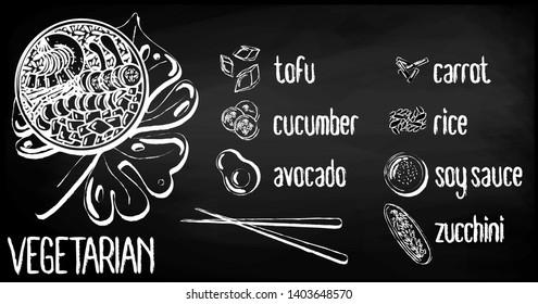 Vector menu of vegetarian poke bowl on chalk board background. Illustrations of a lunch of Hawaiian cuisine with lettering. Tofu, cucumber, avocado, soy sauce, carrots, rice, zucchini.