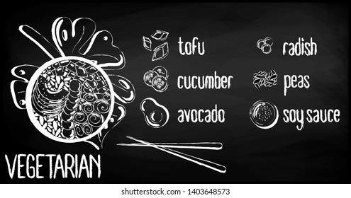 Vector menu of vegetarian poke bowl on chalk board background. Illustrations of a lunch of Hawaiian cuisine with lettering. Tofu, cucumber, radish, avocado, soy sauce, zucchini, peas.