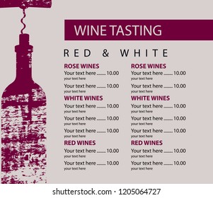 Vector menu for wine tasting with price list and bottle with corkscrew with wooden board texture on beige background