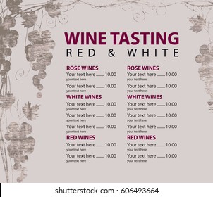 vector menu for wine tasting with price and bunch of grapes on the background of a wooden board texture