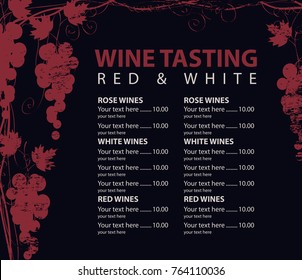 Vector menu for wine tasting with price patterned vine and bunch of grapes on the black background