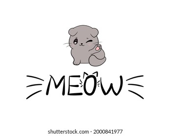 Ilustración vectorial Meow, palabra cúrcuta gatita y maullida con sabuesos aislados en fondo blanco.