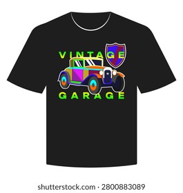 Vector merch template. Black t-shirt. Vintage garage. Bright rainbow retro car, colorful iridescent coupe. Old city transport. Isolated background