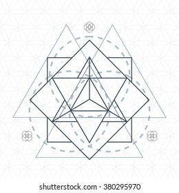 vector merkaba dark contour monochrome sacred geometry decoration flower of life circle isolated white background  
