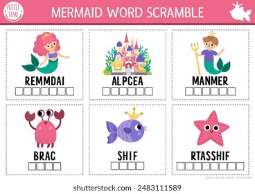 Vektorgrafik Mermaid Aktivitätsseite mit Word Scramble Karten. Englische Sprache Spiel mit Meer Prinzessin, Schloss, Meermann für Kinder. In: Ocean Kingdom Family Quiz. Druckbares Arbeitsblatt für Unterrichtszwecke im Meer
