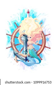 vector mermaid and anchor, handwheel, lighthouse, wave splash clipart. Cartoon undersea underwater hand drawn princess character Fairy sea ocean siren. Maritime, marine fairytale illustration isolated