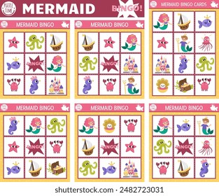 Vektorgrafik Meerjungfrau Bingokarten-Set. Fun Familie Lotto Brettspiel mit niedlichen Meer Prinzessin, Schloss, Meermann, Fisch für Kinder. In: Ocean Kingdom Lottery Activity. Einfaches bedruckbares Arbeitsblatt für Unterrichtszwecke im Meer
