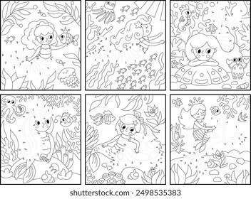 Vector mermaid black and white dot-to-dot activity set with sea princess, underwater scene. Ocean kingdom connect the dots games collection for kids. Marine printable worksheets, coloring page