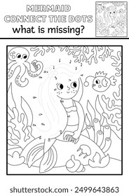 Vector mermaid black and white dot-to-dot activity with sea princess, underwater scene. Ocean kingdom connect dots game, coloring page. Marine what is missing printable worksheet