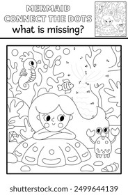 Vector mermaid black and white dot-to-dot activity with sea princess, underwater scene. Ocean kingdom connect the dots game, coloring page. Marine what missing printable worksheet