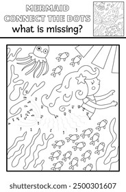 Vector mermaid black and white dot-to-dot activity with sea princess, underwater scene. Ocean kingdom connect dots game, coloring page. Marine what is missing printable worksheet