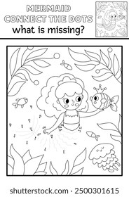 Vector mermaid black and white dot-to-dot activity with sea princess, underwater scene. Ocean kingdom connect the dots game, coloring page. Marine what missing printable worksheet