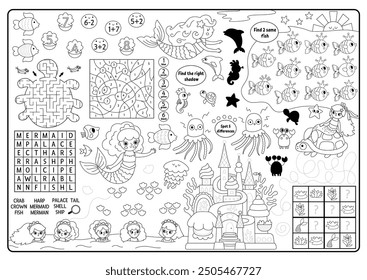 Vector mermaid black and white placemat. Ocean kingdom printable activity mat with maze, shadow match, find difference. Underwater coloring play mat, menu, kids magazine spreadsheet
