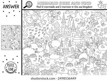 Vector mermaid black and white searching game with fairytale ocean kingdom landscape and palace. Spot hidden princess coloring page. Marine line seek and find printable activity for kids