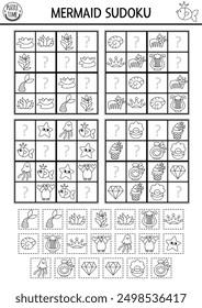 Vector mermaid black and white sudoku puzzle for kids with pictures. Marine line quiz with cut and glue elements. Education activity or coloring page with fish, tail, crab, harp. Draw missing objects