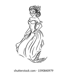 Vector mermaid in carnival mask and Baroque era Venetian ball gown, vintage retro fashion, black ink sketch illustration isolated on white, coloring page