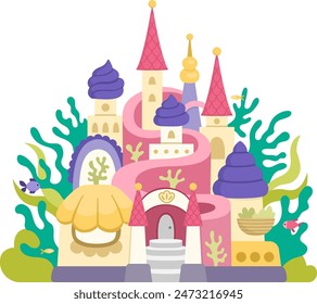 Vector mermaid castle with seaweeds, shells, fish. Fantasy underwater princess palace icon with towers, flags, purple domes. Fairytale ocean girl house illustration isolated on white background
