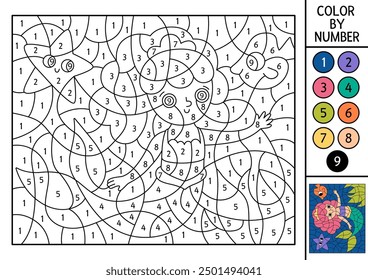 Vector mermaid color by number activity with cute sea princess, starfish. Marine landscape scene. Black and white counting game. Ocean kingdom coloring page for kids with water animal

