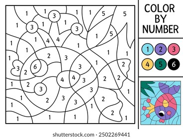 Vector mermaid color by number activity with cute fish with crown. Marine landscape scene. Black and white counting game. Ocean kingdom coloring page for kids with water animal or sea princess
