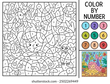 Vector mermaid color by number activity with cute sea princess, crab, seahorse. Marine landscape scene. Black and white counting game. Ocean kingdom coloring page for kids with water animal
