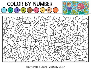 Vector mermaid color by number activity with cute sea princess, merman, octopus. Marine landscape scene. Black and white counting game. Ocean kingdom coloring page for kids with water animal
