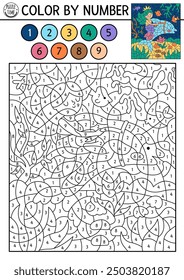 Vector mermaid color by number activity with cute sea princess riding dolphin. Marine landscape scene. Black and white counting game. Ocean kingdom coloring page for kids with water animal
